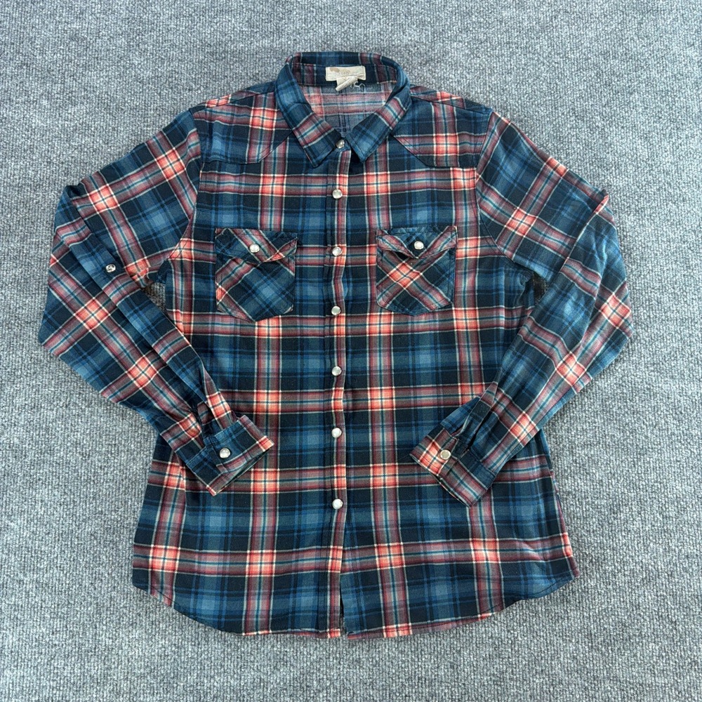 Passport Womens Blue Red Plaid Western Pearl Snap Flannel Shirt Brushpopper